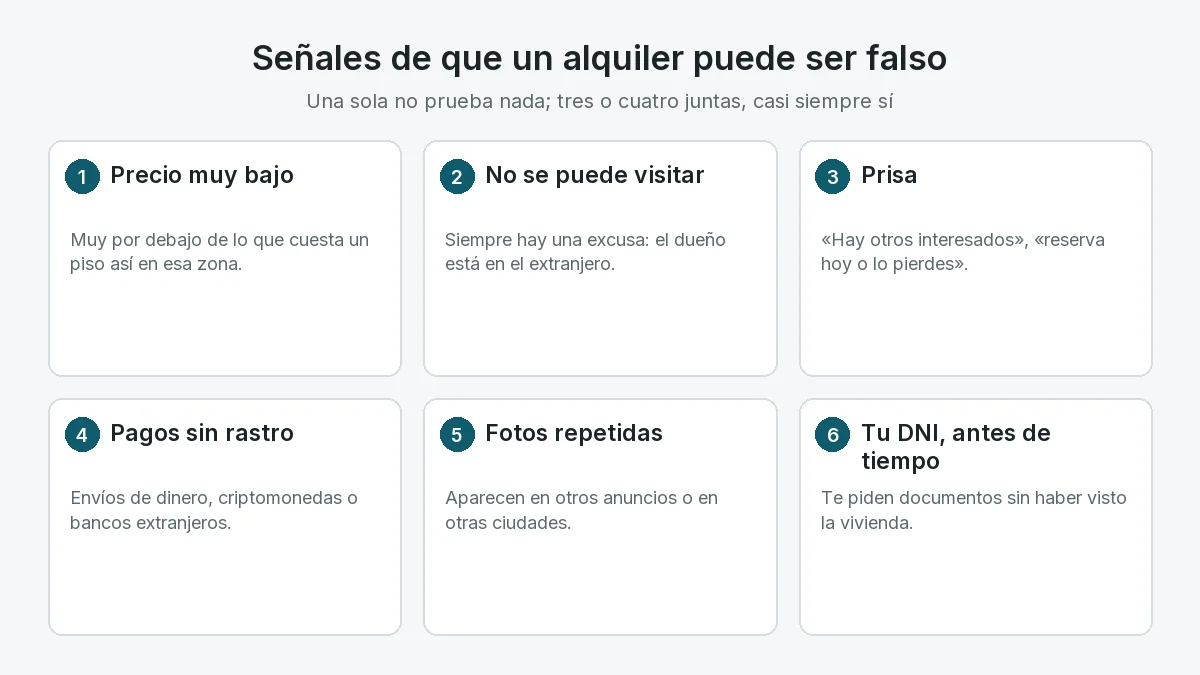 Seis señales de un alquiler falso: precio muy bajo, piso que no se puede visitar, prisa, pagos sin rastro, fotos repetidas y petición del DNI antes de tiempo.