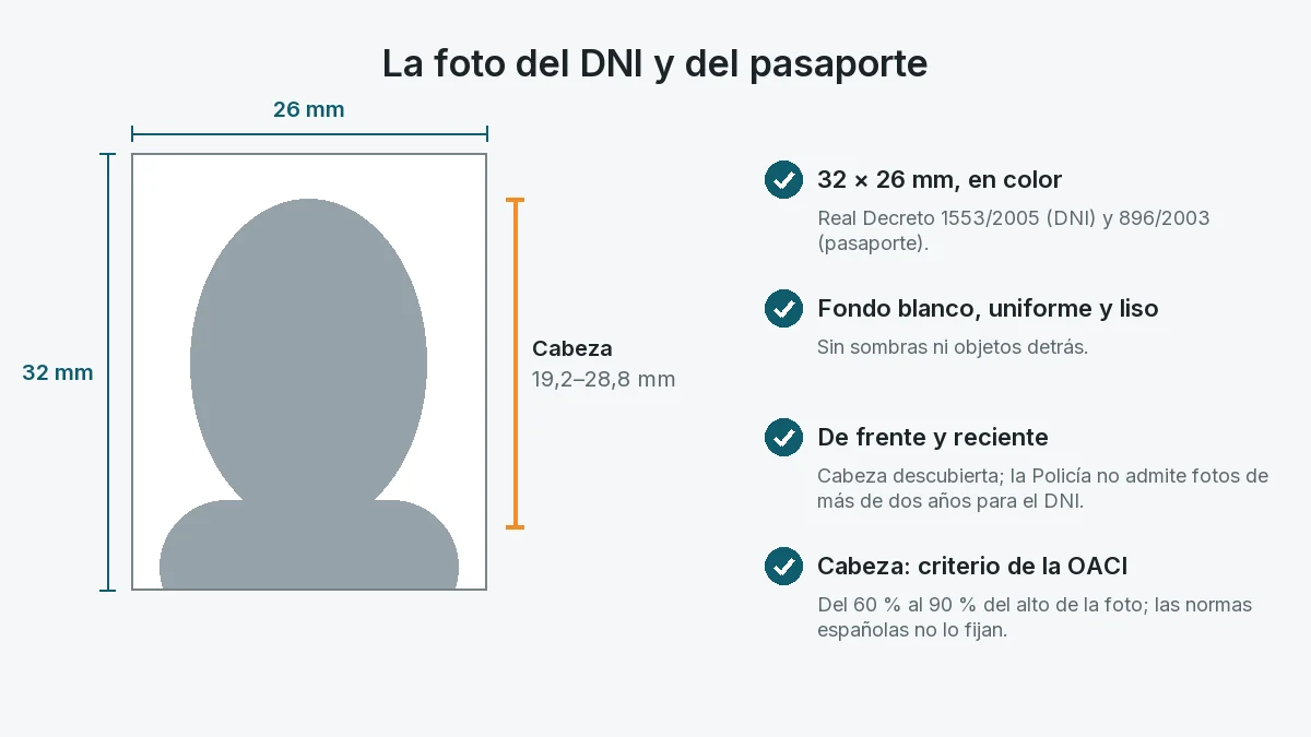 Esquema de la foto del DNI y del pasaporte con una silueta: 32 × 26 mm, la cabeza entre 19,2 y 28,8 mm, fondo blanco, uniforme y liso, de frente y reciente.