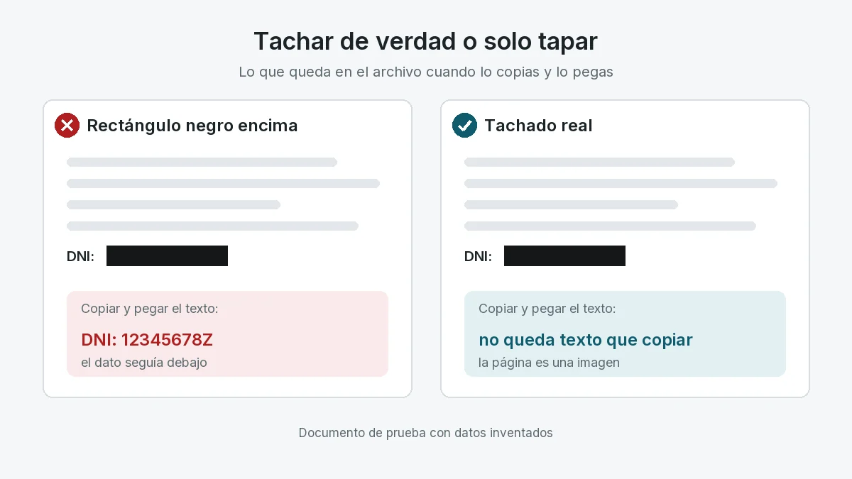 Comparación con un documento de prueba: con un rectángulo negro encima, al copiar y pegar aparece el DNI 12345678Z; con el tachado real, no queda texto que copiar.